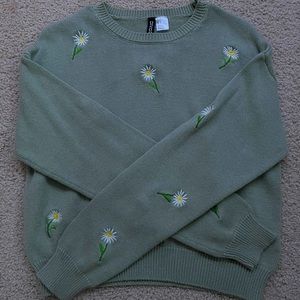 H&M Sage Green Sunflower Embroidered Sweater